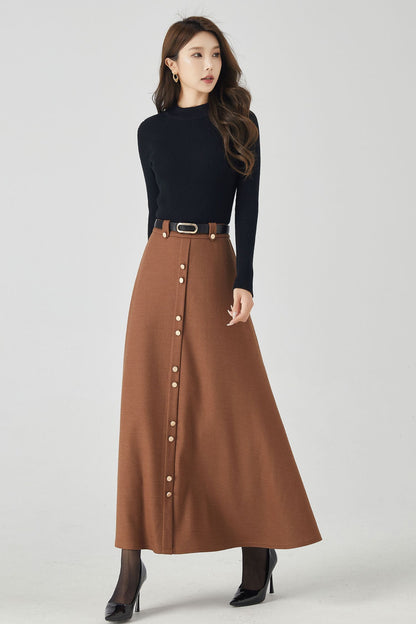 A line maxi brown winter wool skirt 4533