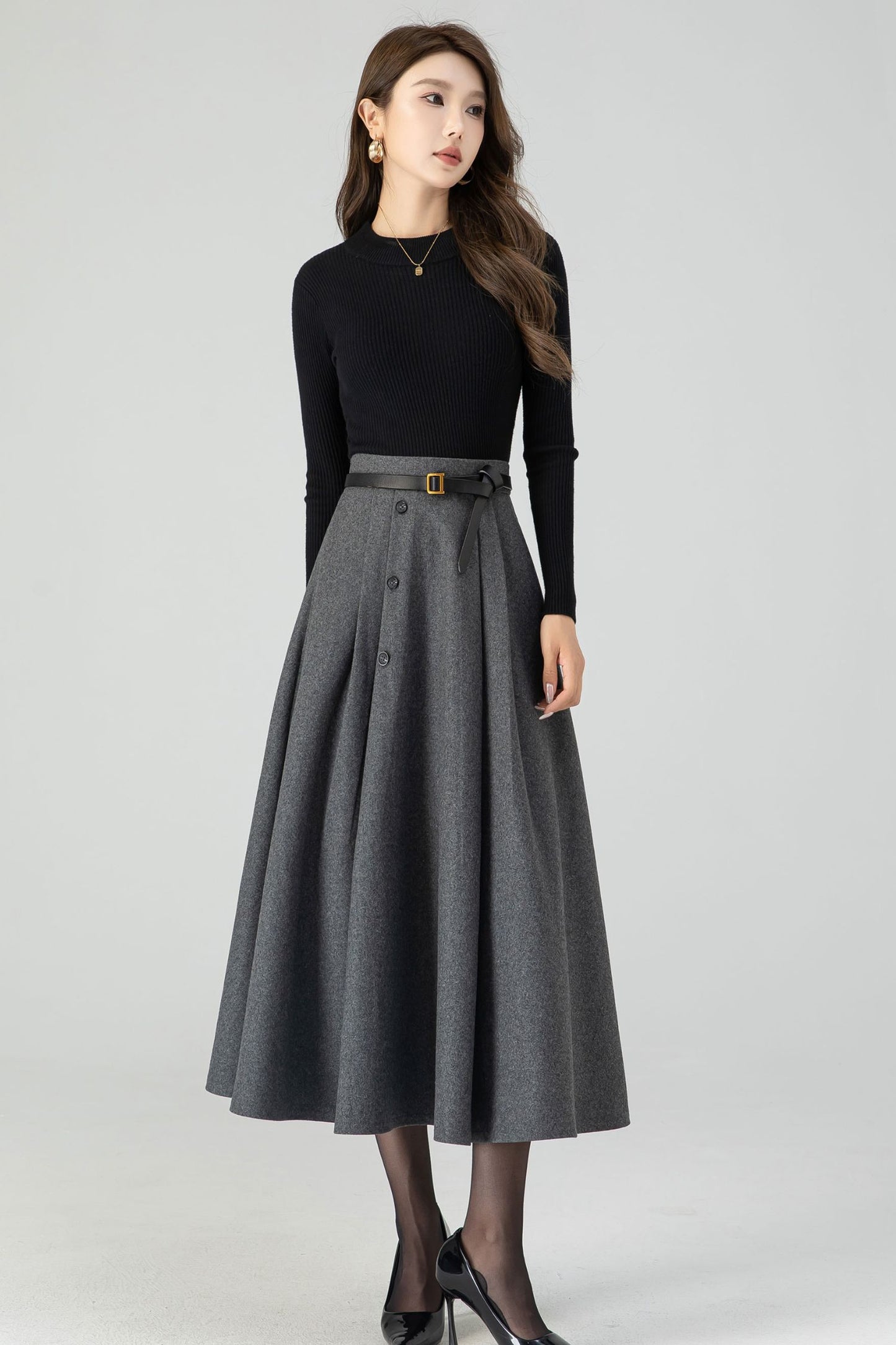 Button down midi winter wool skirt 4557