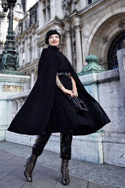 Winter black Wool Cape Coat 3373