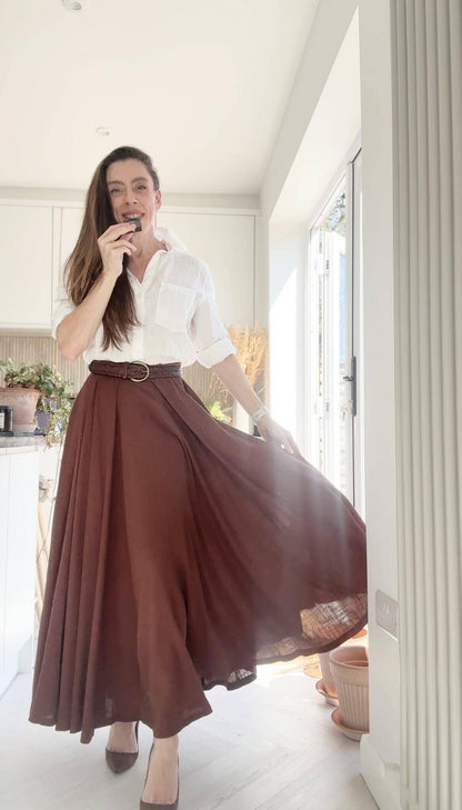 Brown Linen Maxi Circle Skirt - Pleated A-Line | Xiaolizi 6946