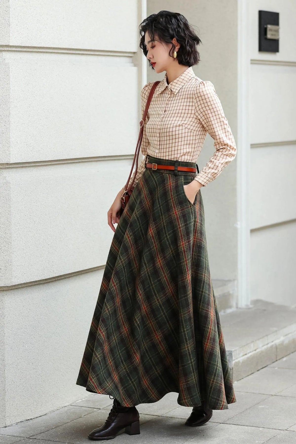 Army Green Plaid Linen Cotton Blend A-Line Skirt Ankle Length Vintage 6979