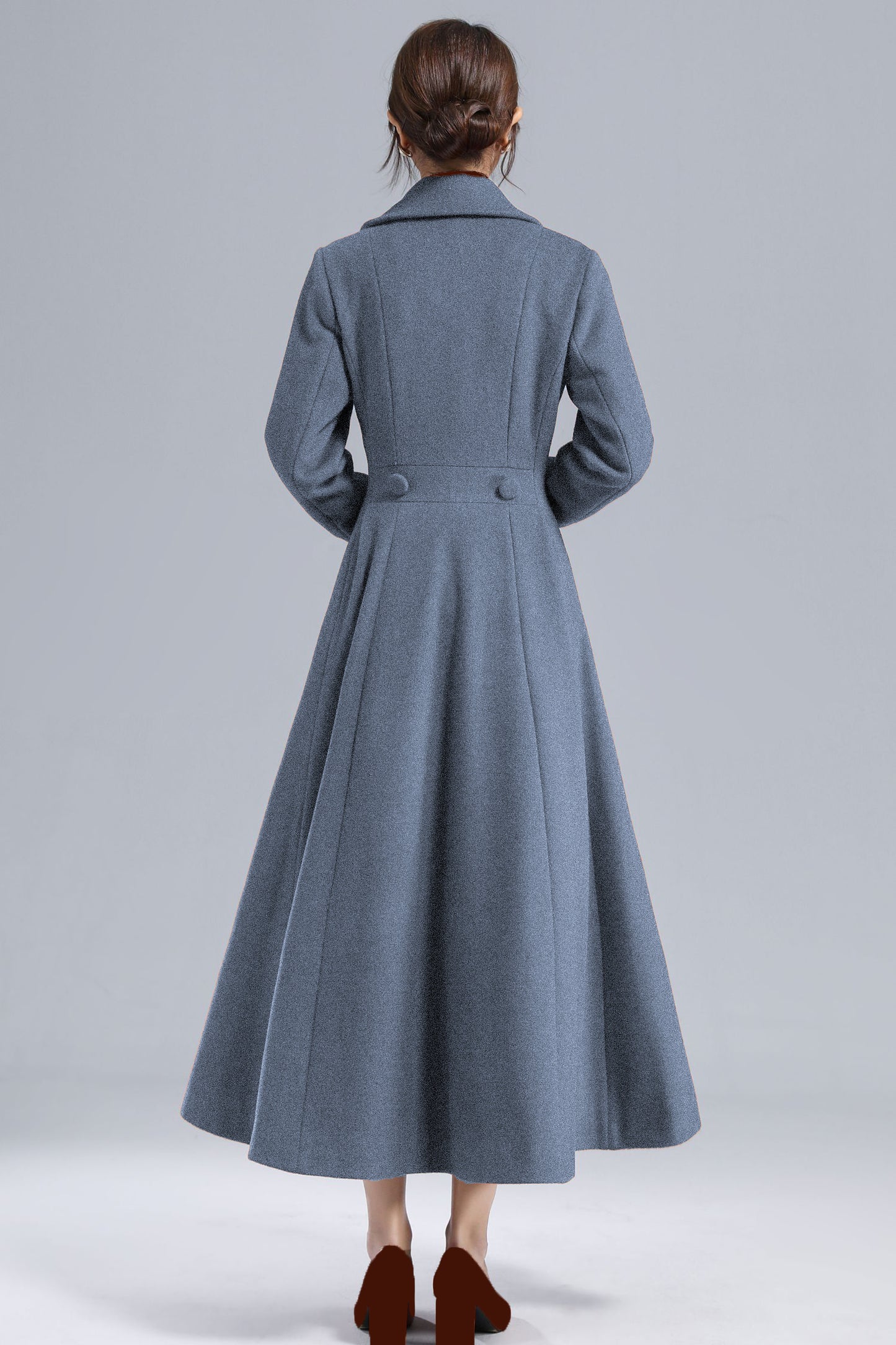 Blue Wool Long Coat - Fit and Flare Double Breasted 5496