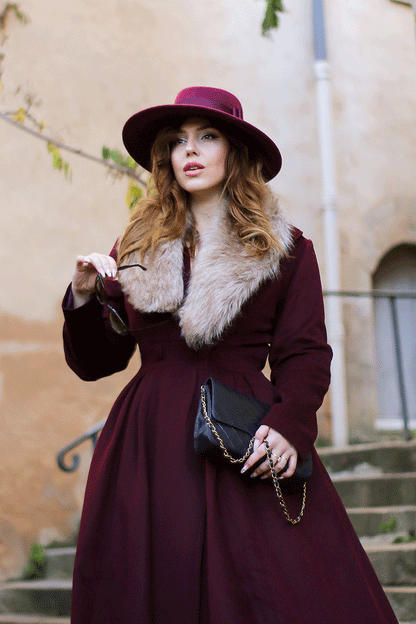 Vintage Princess Wool Coat – Elegant Burgundy Fit & Flare Maxi Coat | Xiaolizi 4721