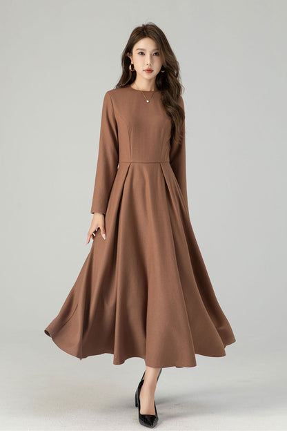 Dark Green Wool Midi Dress - Swing Silhouette with Detachable Cape 4560