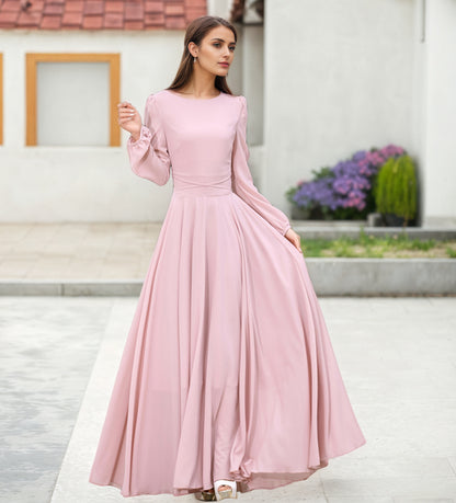 pink long sleeve maxi dress Pink Floral Chiffon Maxi Dress: Long Sleeve Evening Gown