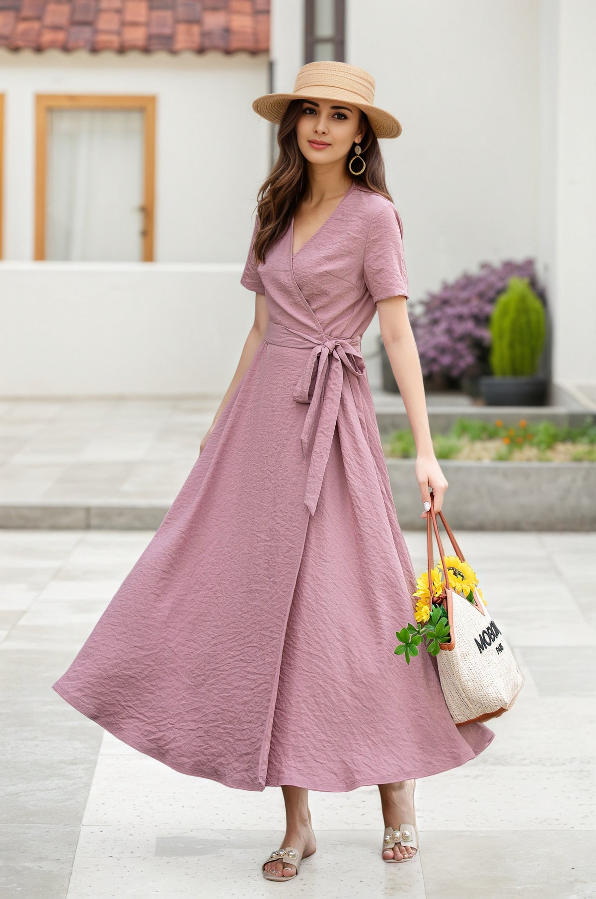 Blush Pink Linen Wrap Midi Dress - A-Line with V-Neck 6013
