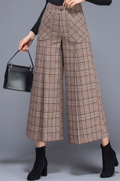Plaid Wool Wide Leg Pants - Loose Fit Midi Length 4660