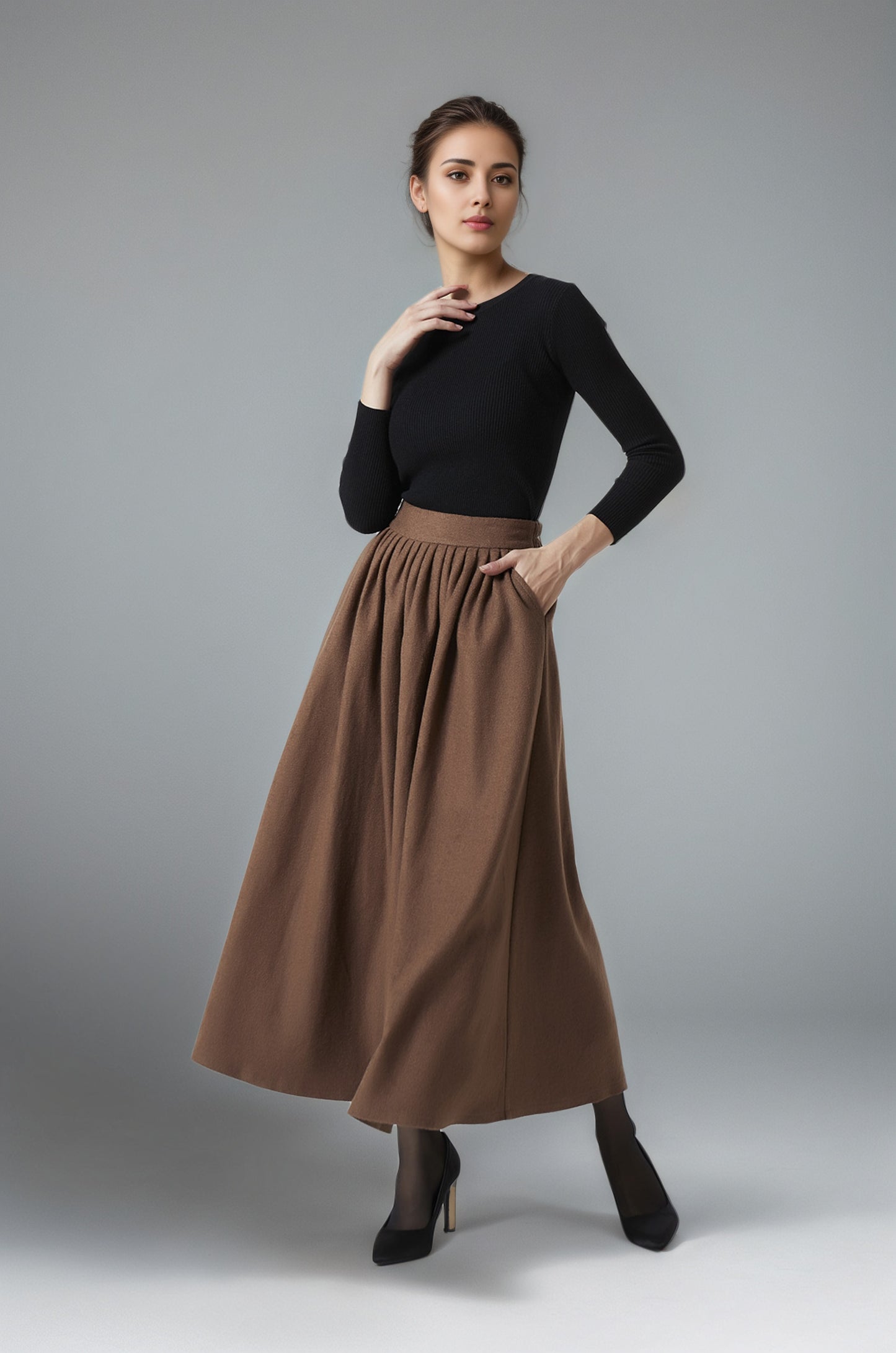 Brown Wool Maxi Skirt - Pleated with Back Elastic Waistband 6290