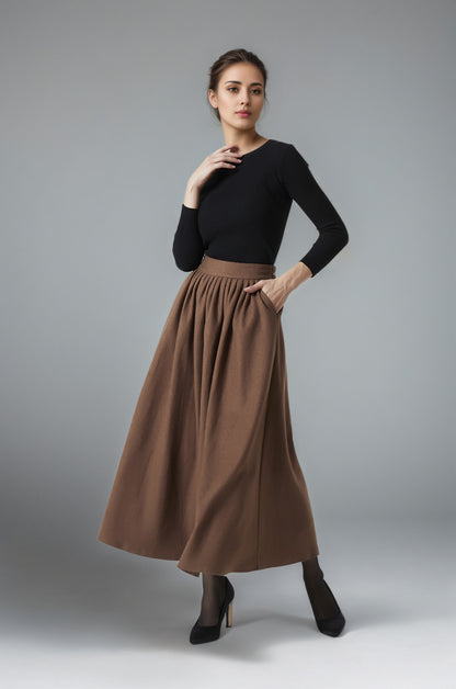 Brown Wool Maxi Skirt - Pleated with Back Elastic Waistband 6290