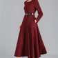 Burgundy Wool Midi Dress – Women’s Long Sleeve Fit and Flare Winter Dress 2429