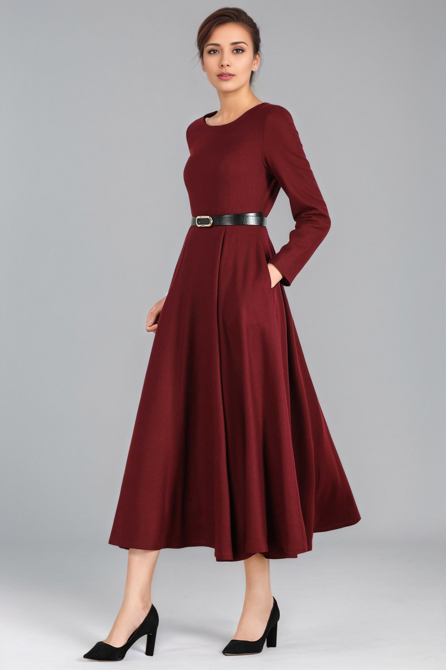 Burgundy Wool Midi Dress – Women’s Long Sleeve Fit and Flare Winter Dress 2429