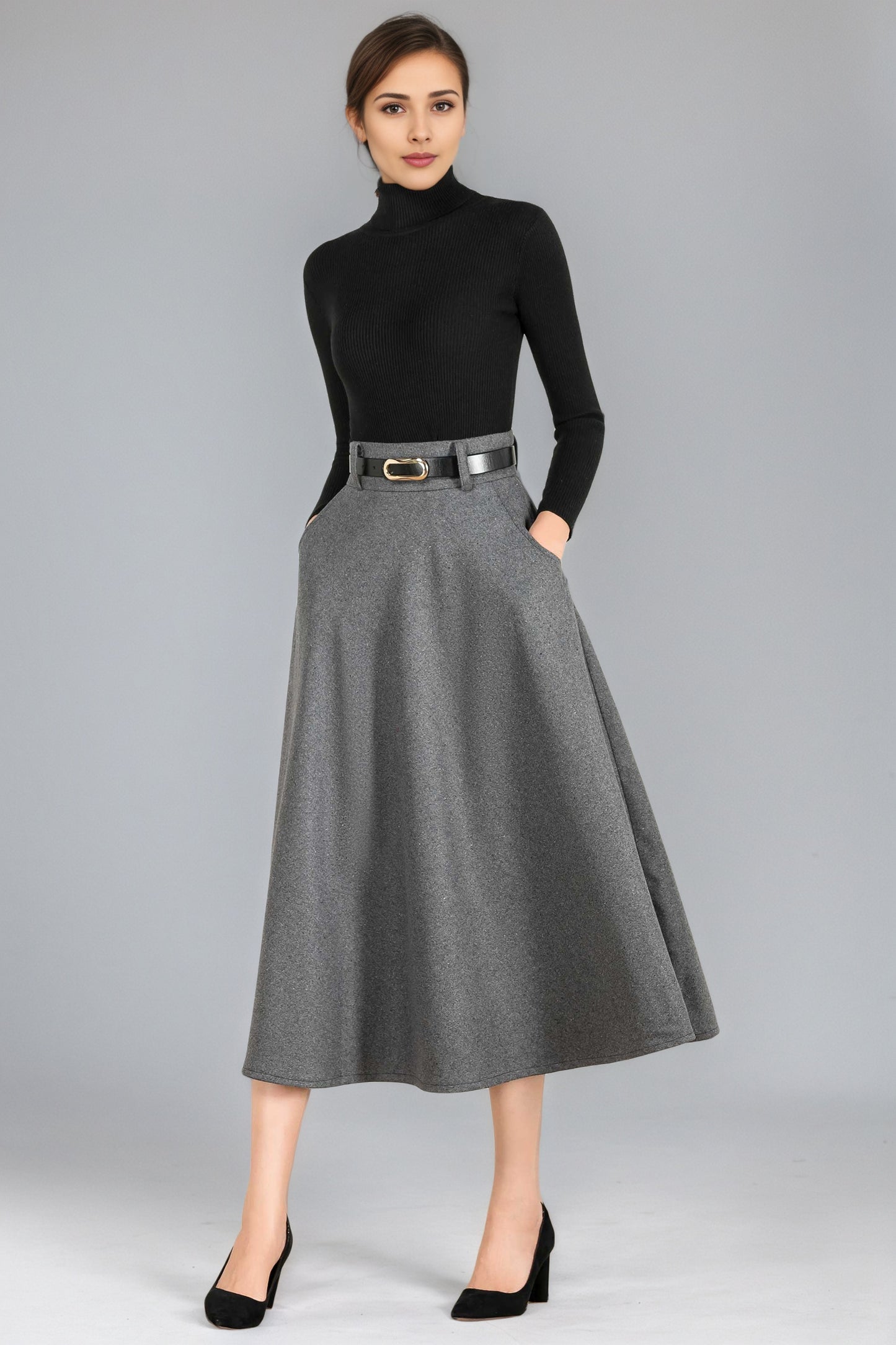 Classic A-Line Skirt in Gray Wool – High-Waist Belted Midi – 6354