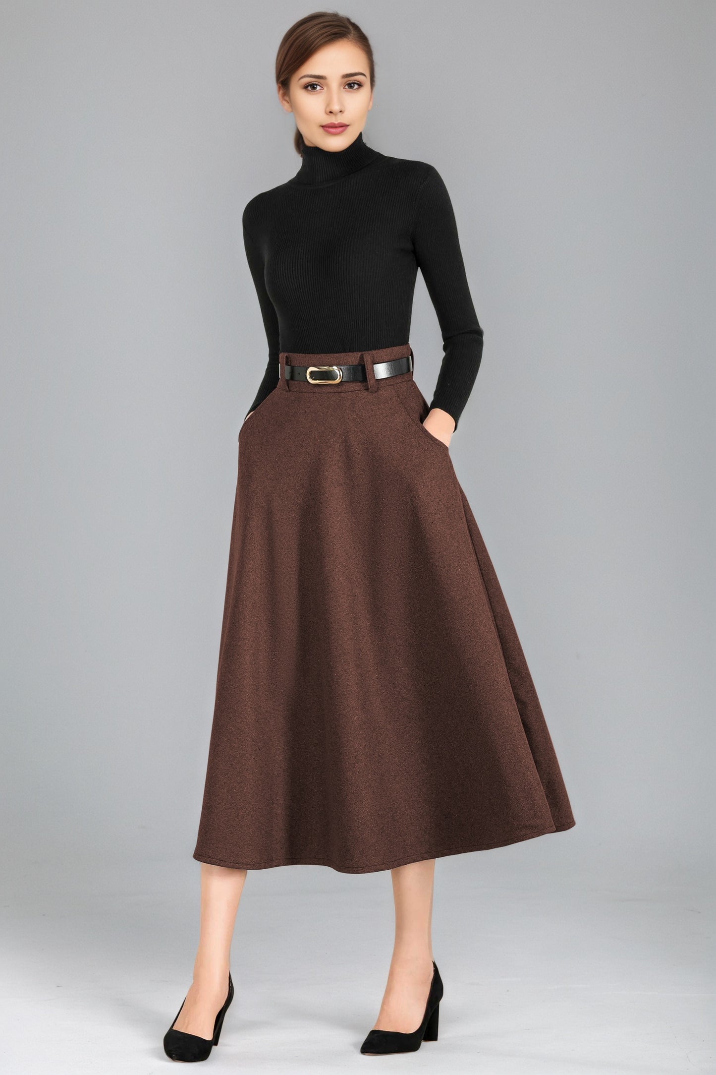 Xiaolizi Handmade Wool Midi Skirt – Vintage High Waist A-Line Winter Skirt 6355