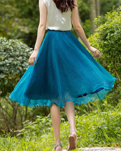 Midi elastic waist summer chiffon skirt 6187- blue