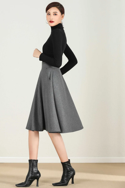 Grey Wool Knee Length Skirt – High Waist A-Line Winter Skirt with Pockets 2435