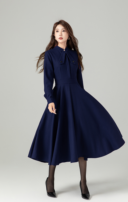 Navy Wool Blend Swing Dress - Bow Tie Neck Long Sleeve | Xiaolizi 6322