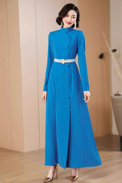 Blue Polyester Maxi Dress - Stand Up Neckline, Fit and Flare 4787