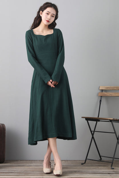 Green Linen Midi Dress - Long Sleeve A-Line | Xiaolizi 2563