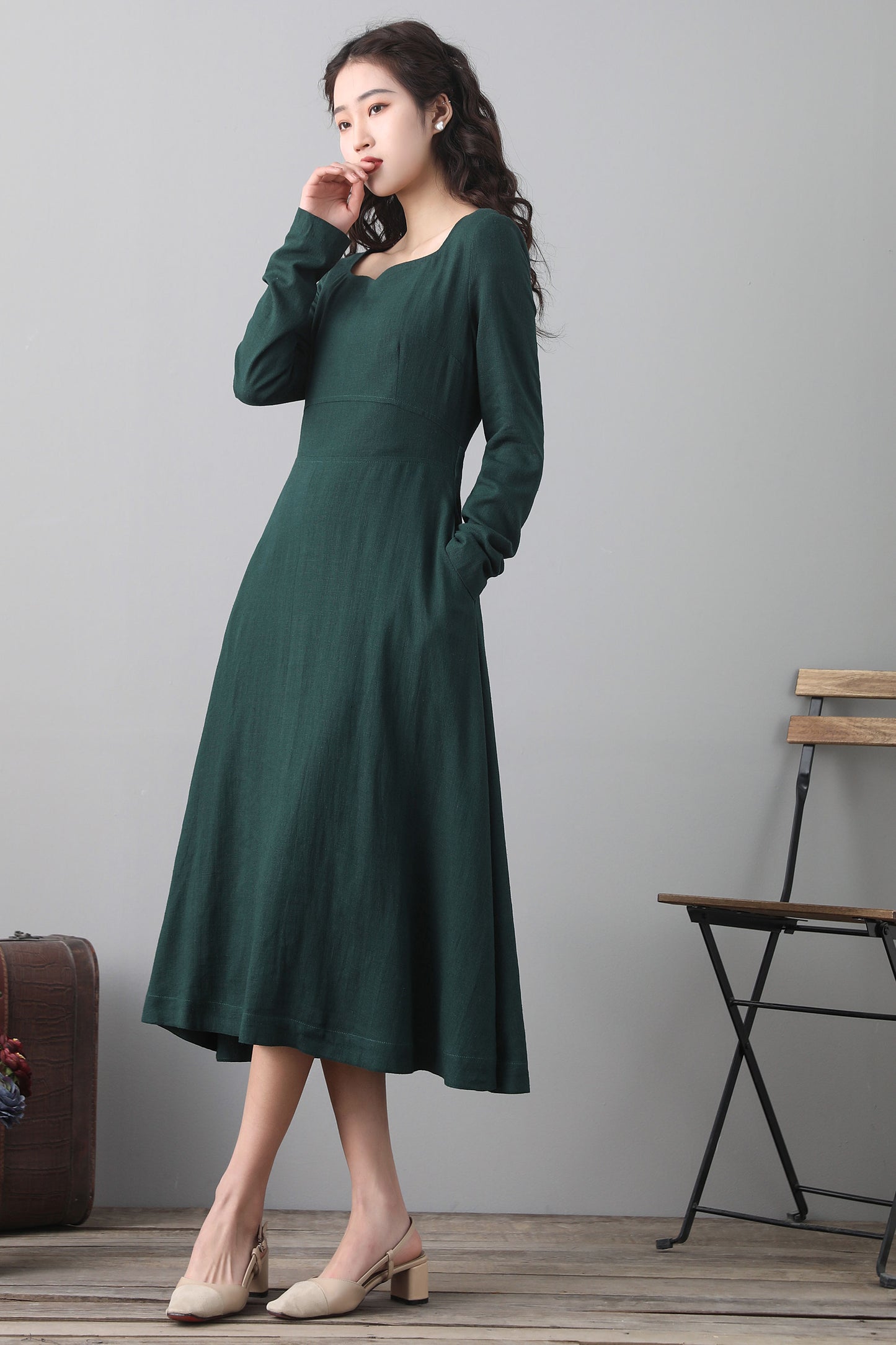 Green Linen Midi Dress - Long Sleeve A-Line | Xiaolizi 2563