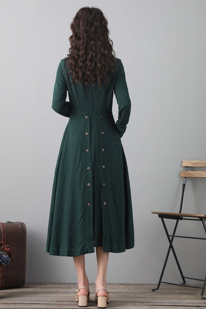 Green Linen Midi Dress - Long Sleeve A-Line | Xiaolizi 2563
