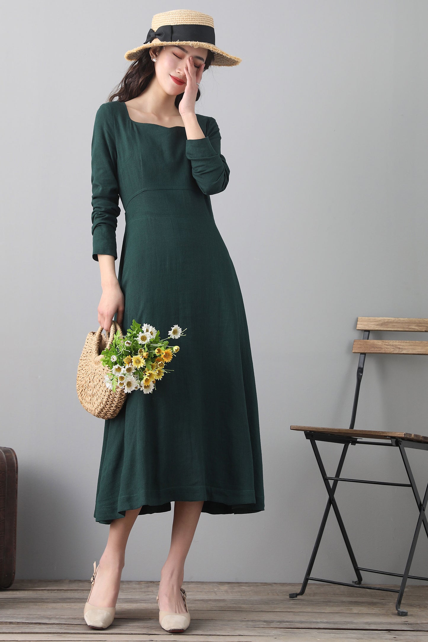 Green Linen Midi Dress - Long Sleeve A-Line | Xiaolizi 2563
