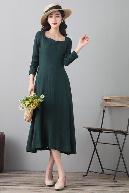 Green Linen Midi Dress - Long Sleeve A-Line | Xiaolizi 2563