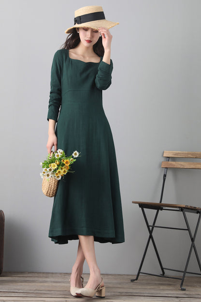 Green Linen Midi Dress - Long Sleeve A-Line | Xiaolizi 2563