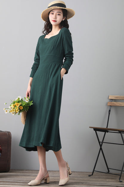 Green Linen Midi Dress - Long Sleeve A-Line | Xiaolizi 2563