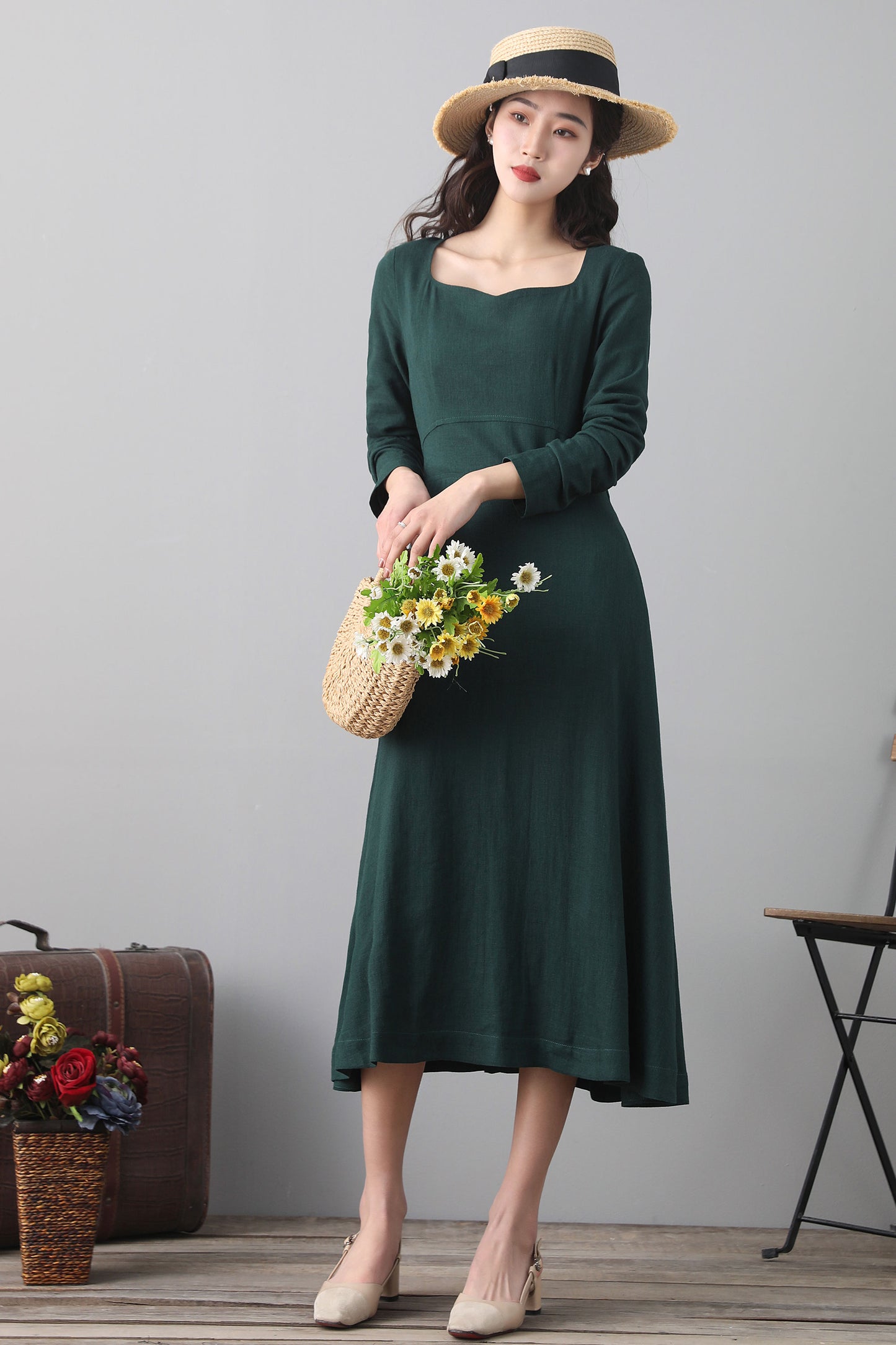 Green Linen Midi Dress - Long Sleeve A-Line | Xiaolizi 2563