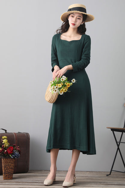 Green Linen Midi Dress - Long Sleeve A-Line | Xiaolizi 2563