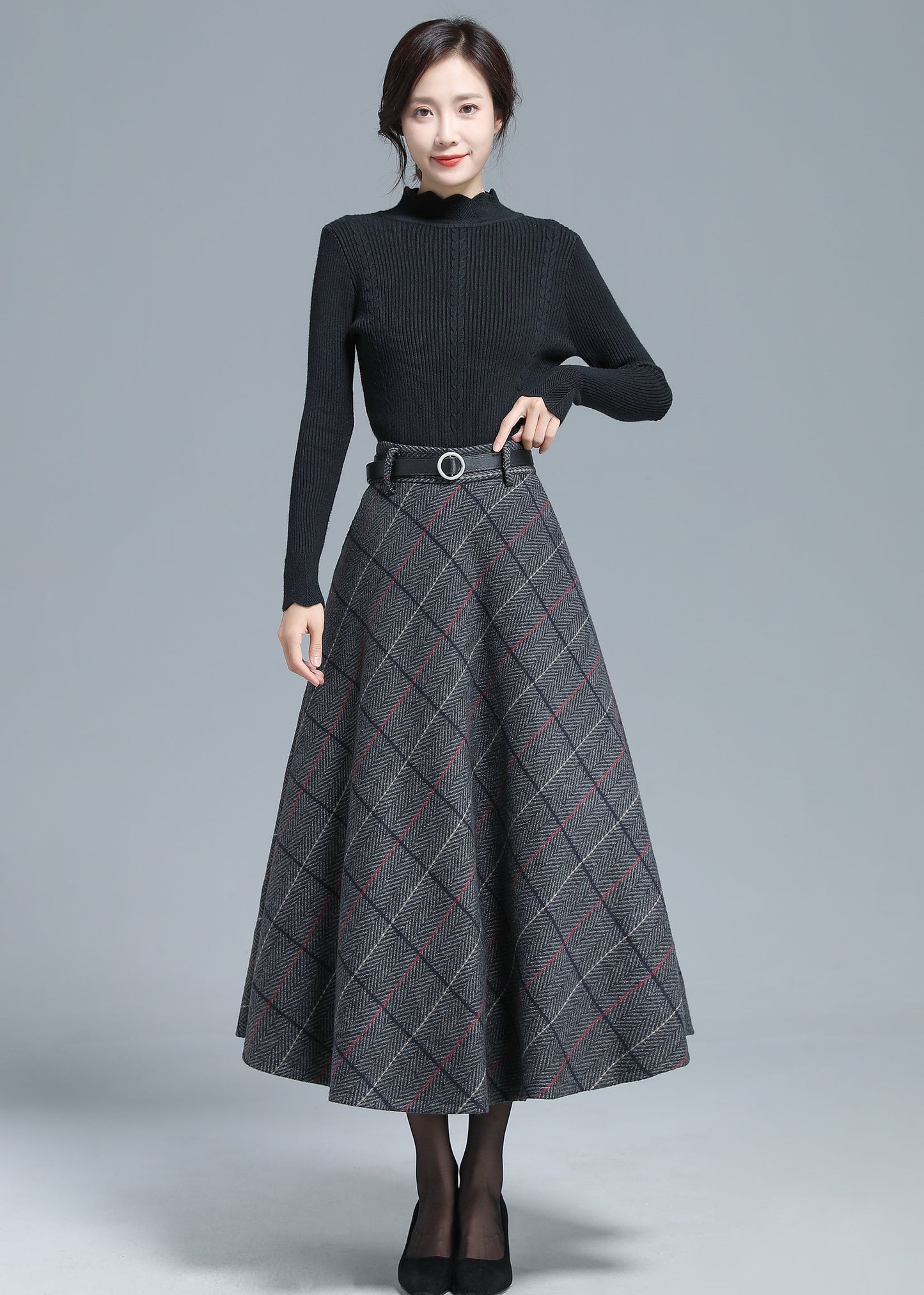 Gray Wool Midi Skirt - Vintage Plaid Full Silhouette 3138
