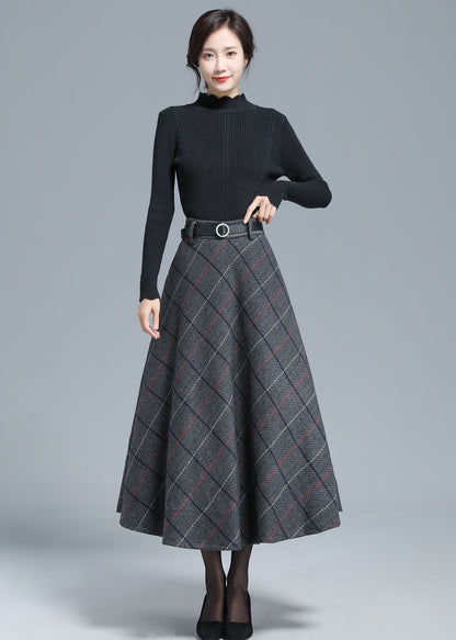 Gray Wool Midi Skirt - Vintage Plaid Full Silhouette 3138