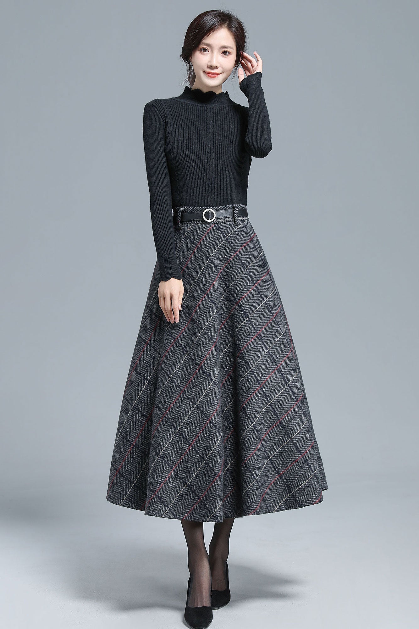 Vintage Inspired Tartan Plaid Midi Wool Skirt Woman 3138