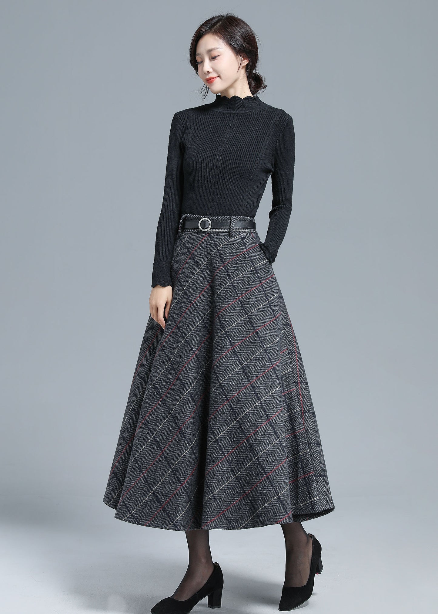 Gray Wool Midi Skirt - Vintage Plaid Full Silhouette 3138