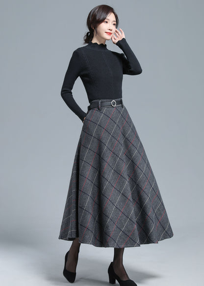 Gray Wool Midi Skirt - Vintage Plaid Full Silhouette 3138