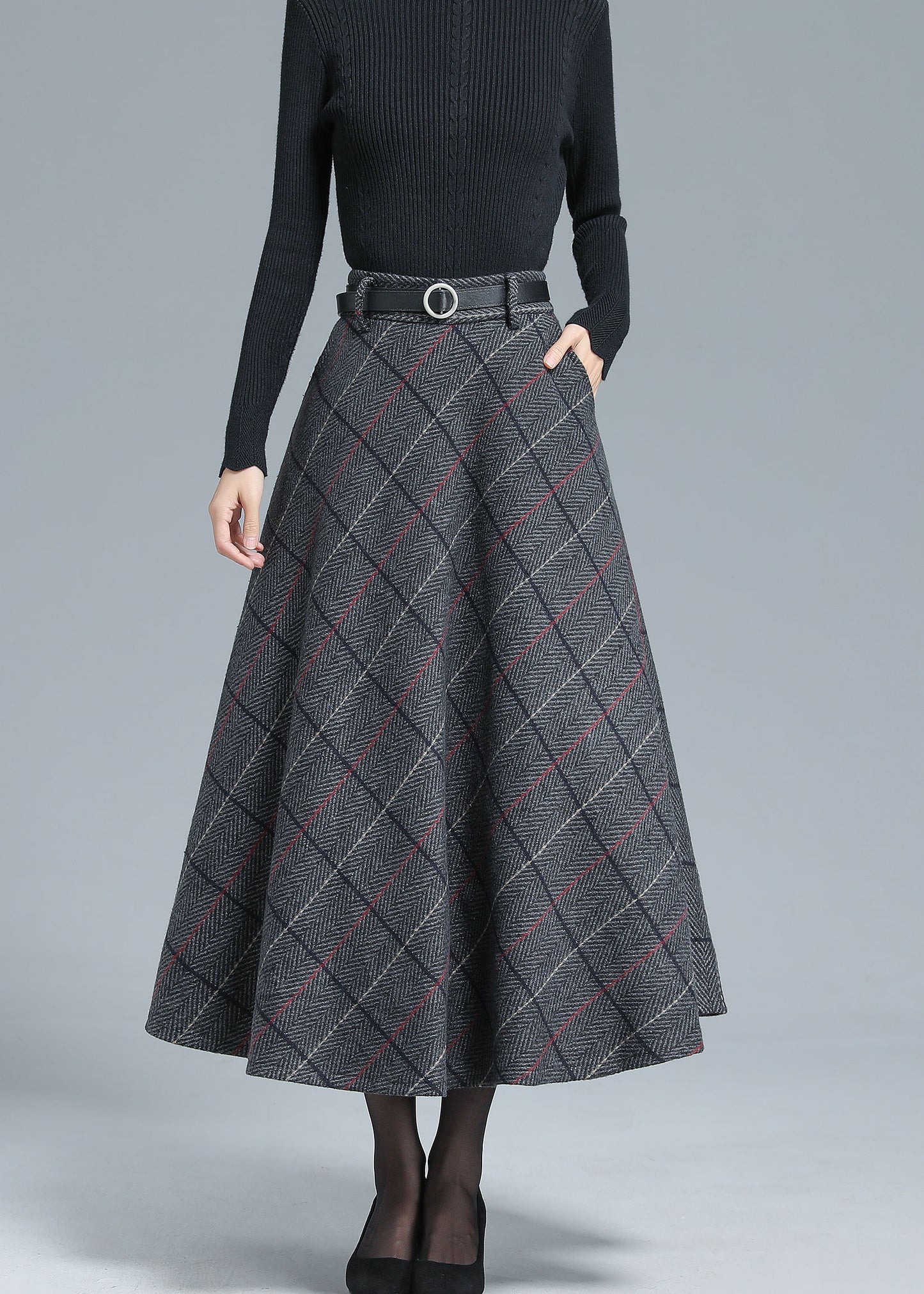 Gray Wool Midi Skirt - Vintage Plaid Full Silhouette 3138