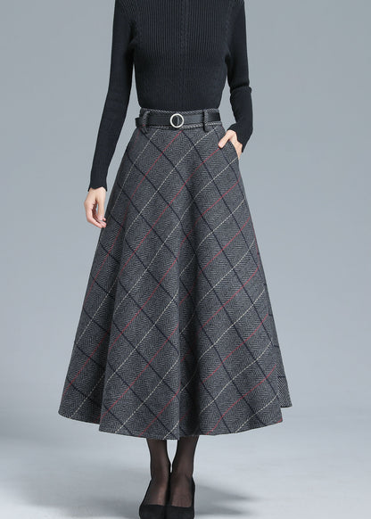 Gray Wool Midi Skirt - Vintage Plaid Full Silhouette 3138