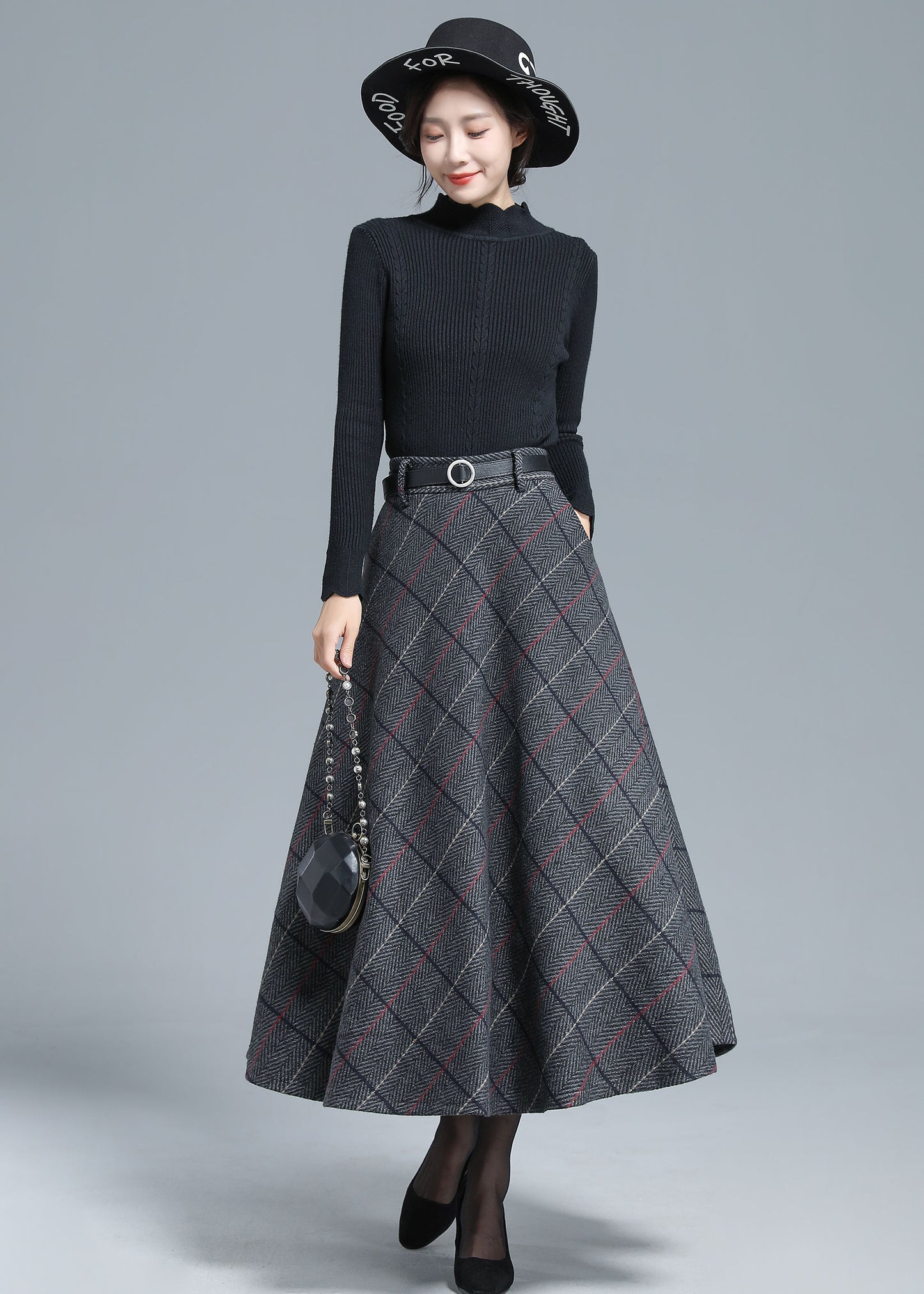 Gray Wool Midi Skirt - Vintage Plaid Full Silhouette 3138