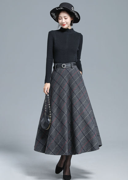 Gray Wool Midi Skirt - Vintage Plaid Full Silhouette 3138