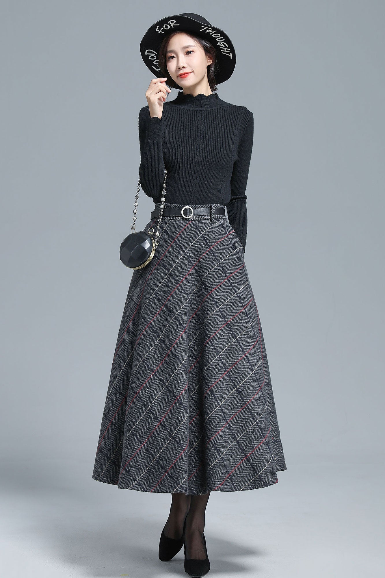 Vintage Inspired Tartan Plaid Midi Wool Skirt Woman 3138