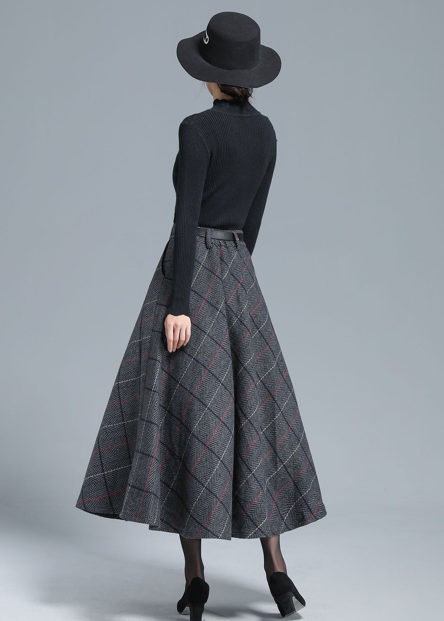 Gray Wool Midi Skirt - Vintage Plaid Full Silhouette 3138