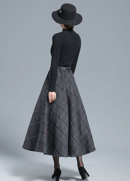 Gray Wool Midi Skirt - Vintage Plaid Full Silhouette 3138