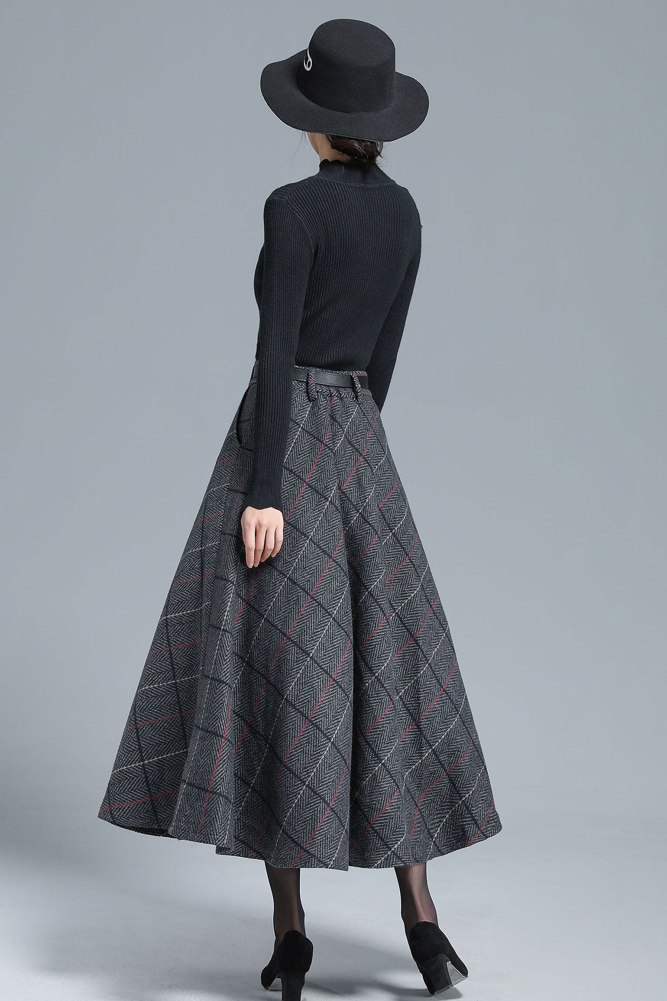 Vintage Inspired Tartan Plaid Midi Wool Skirt Woman 3138