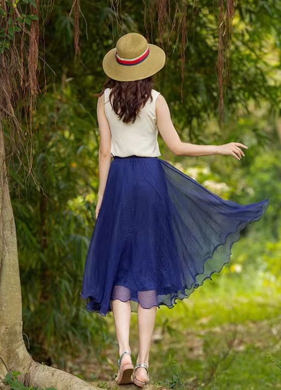 A line elastic waist summer chiffon skirt 6187- navy blue