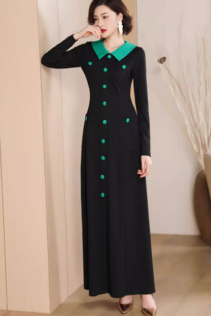 Black Polyester Maxi Dress - Fit and Flare with Lapel Collar 4786