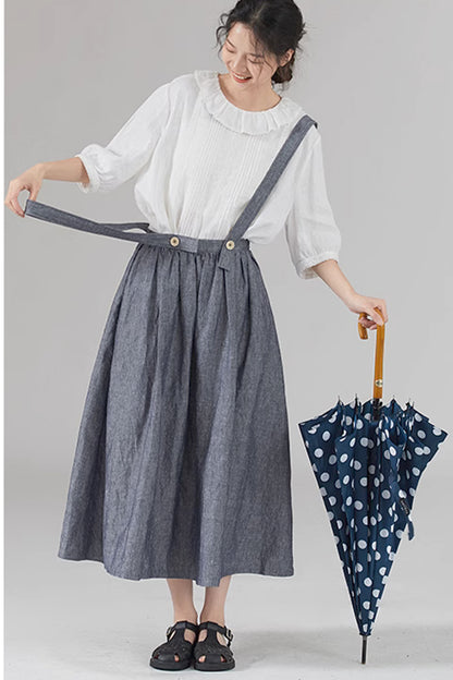 Blue Linen Suspender Midi Skirt - Fitted Waist with Pockets 4366