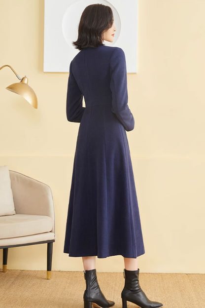 Burgundy Wool Midi Dress - Fit and Flare Silhouette 4794