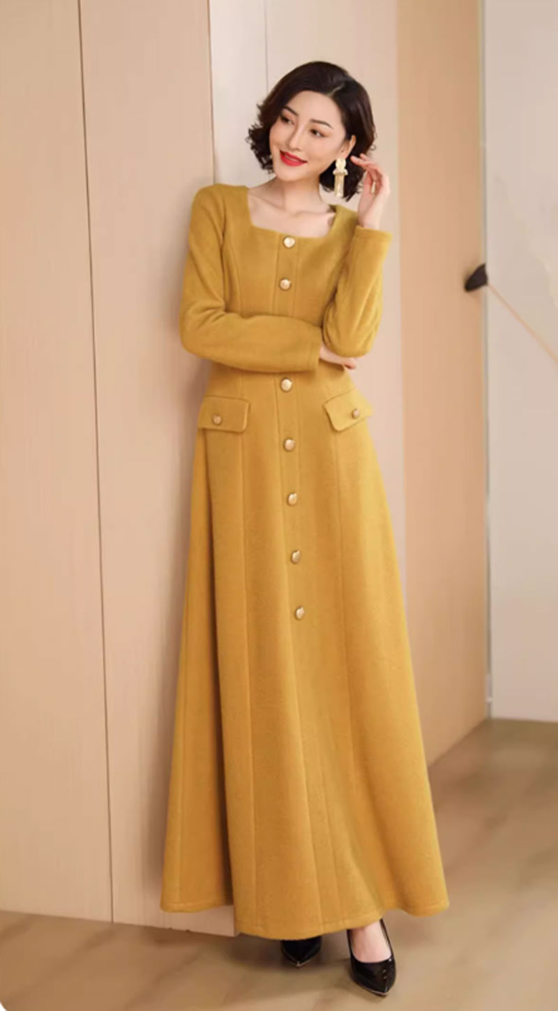 Yellow long winter wool dress women 4709