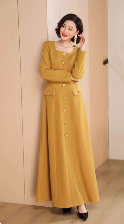 Yellow Wool Maxi Dress - Long Sleeve, Button Front Elegance 4709