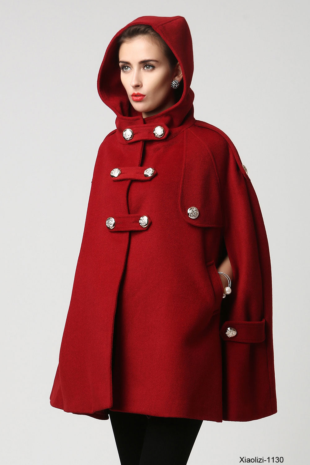 Women's Winter Red Wool Hooded Wool Cape Coat 1130